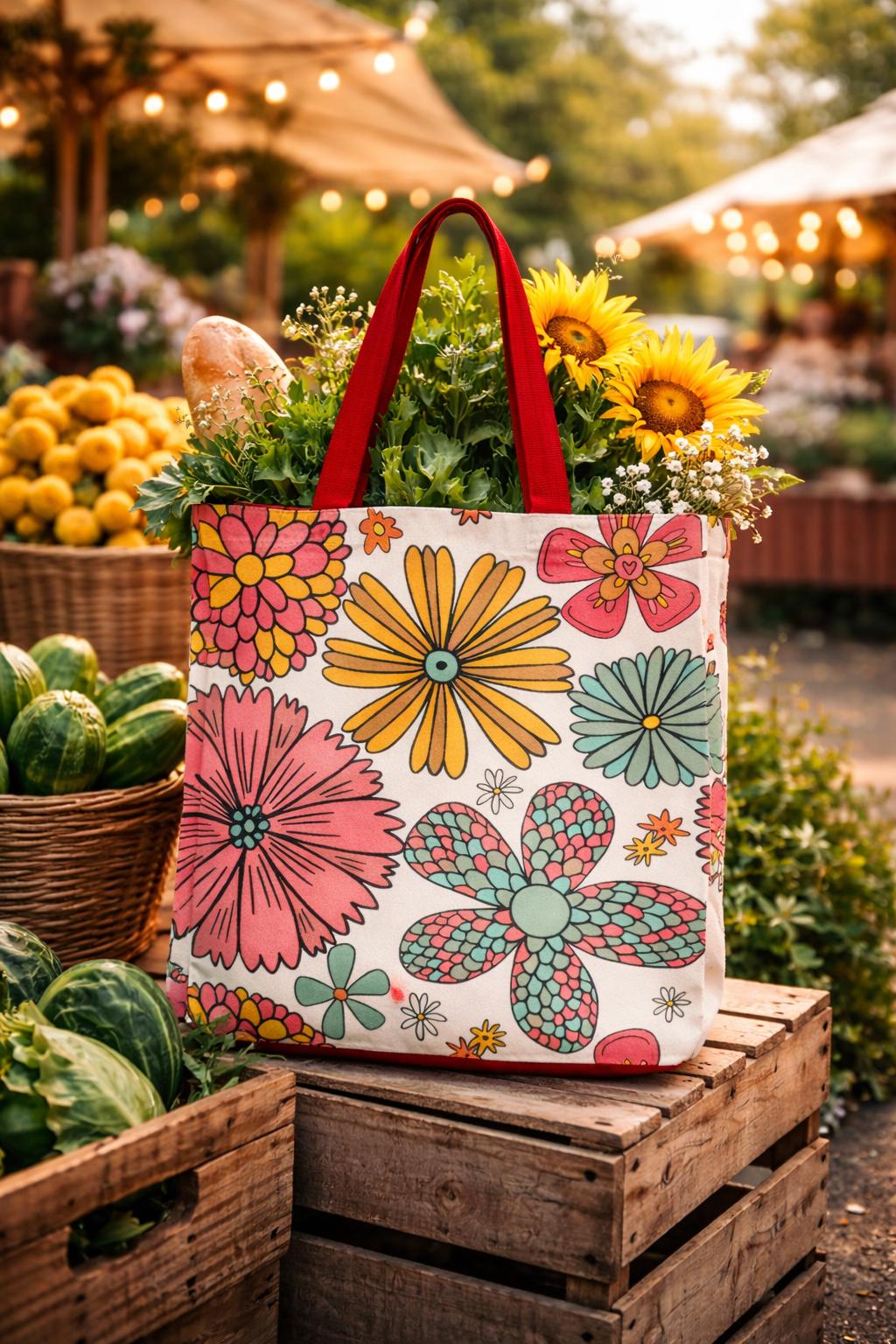 Retro Floral Pattern Tote Bag | Colorful Daisies All Over Print