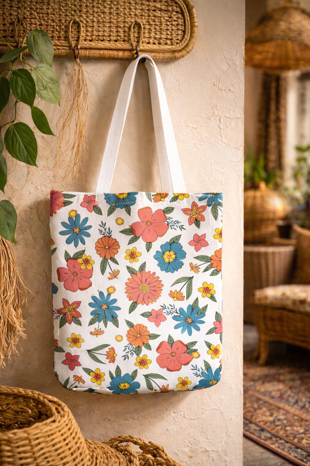 Retro Floral Pattern Tote Bag | Colorful Wildflower All-Over Print