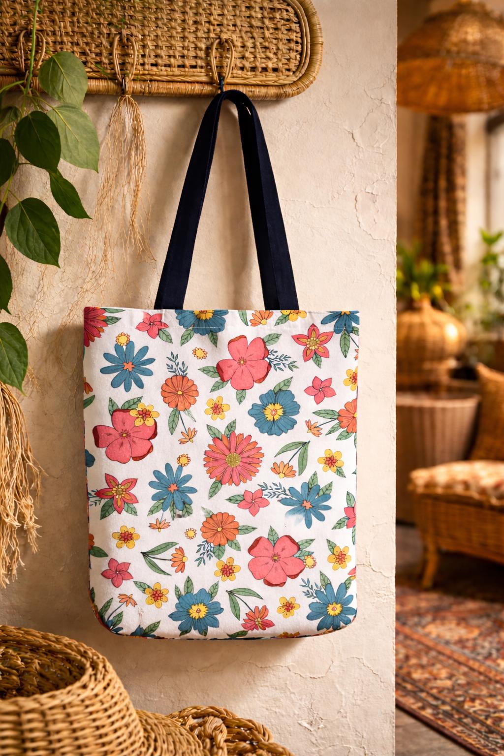 Retro Floral Pattern Tote Bag | Colorful Wildflower All-Over Print