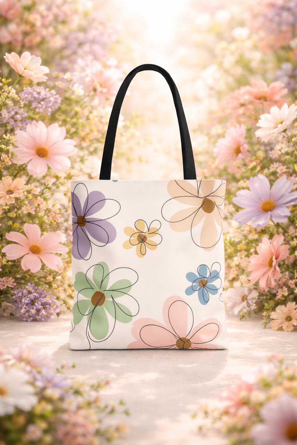 Pastel Doodle Flowers Tote Bag, Floral Illustration Casual Bag, Eco-Friendly Everyday Shopping Tote, Gift for Her, Spring & Summer