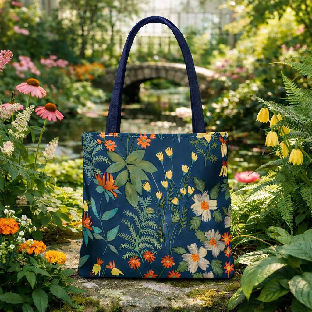 Wildflower Meadow Tote Bag | Floral Botanical Pattern, Navy Background