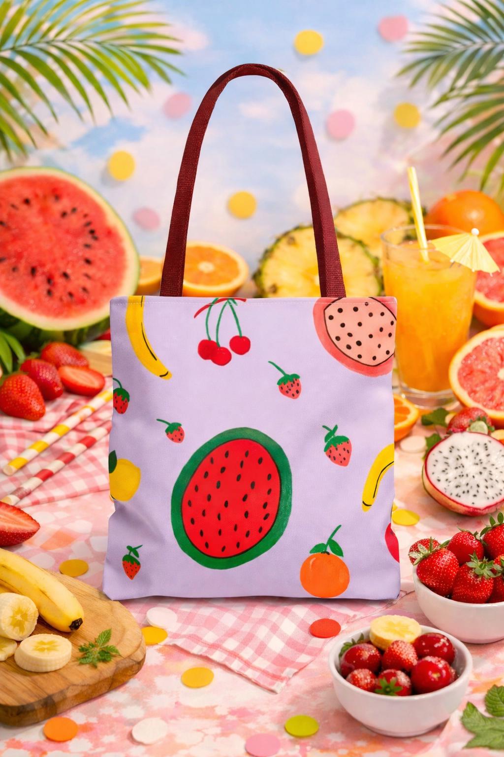Colorful Fruit Print Tote Bag | Durable Polyester Grocery Bag