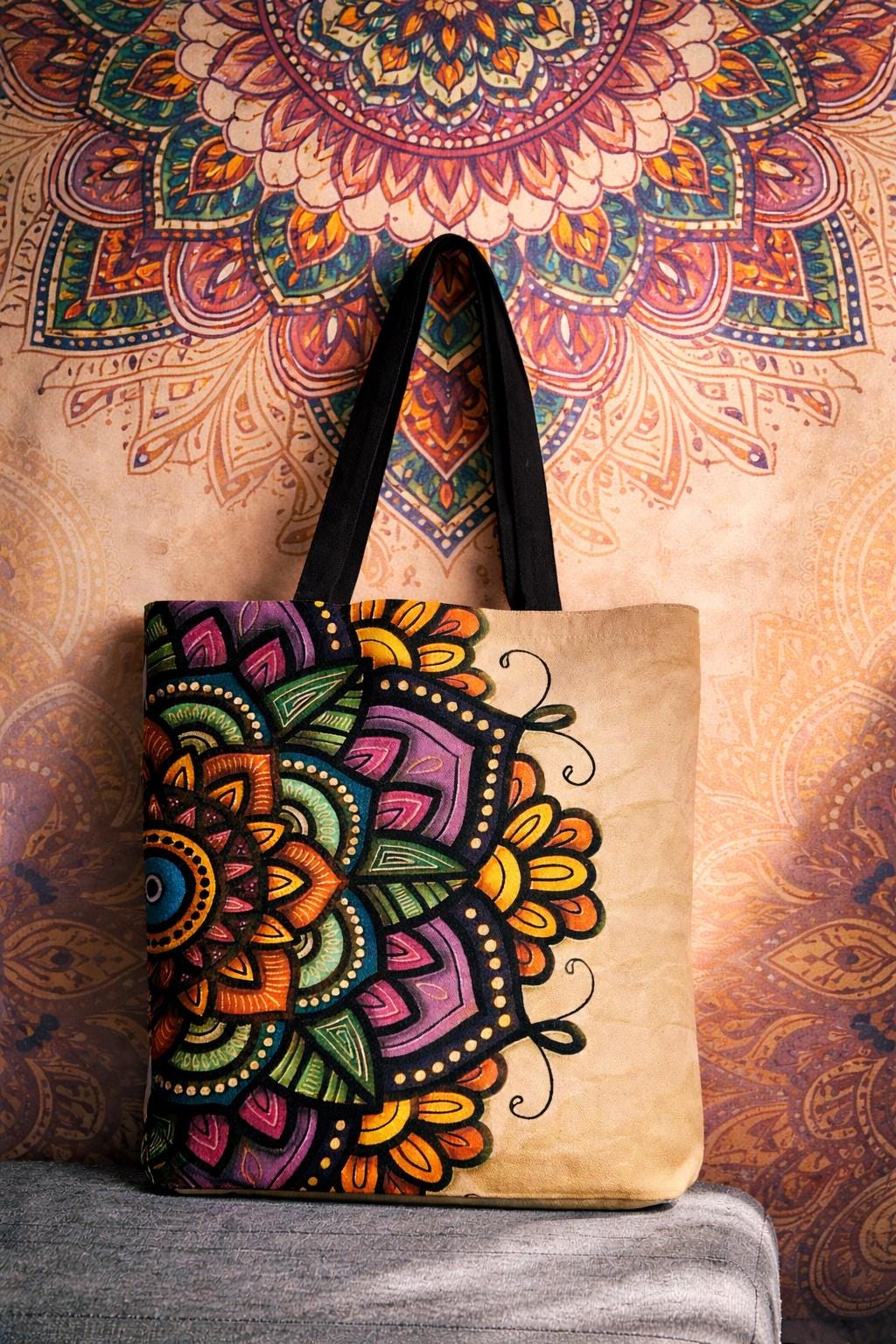 Mandala Polyester Tote Bag with Colorful Accents