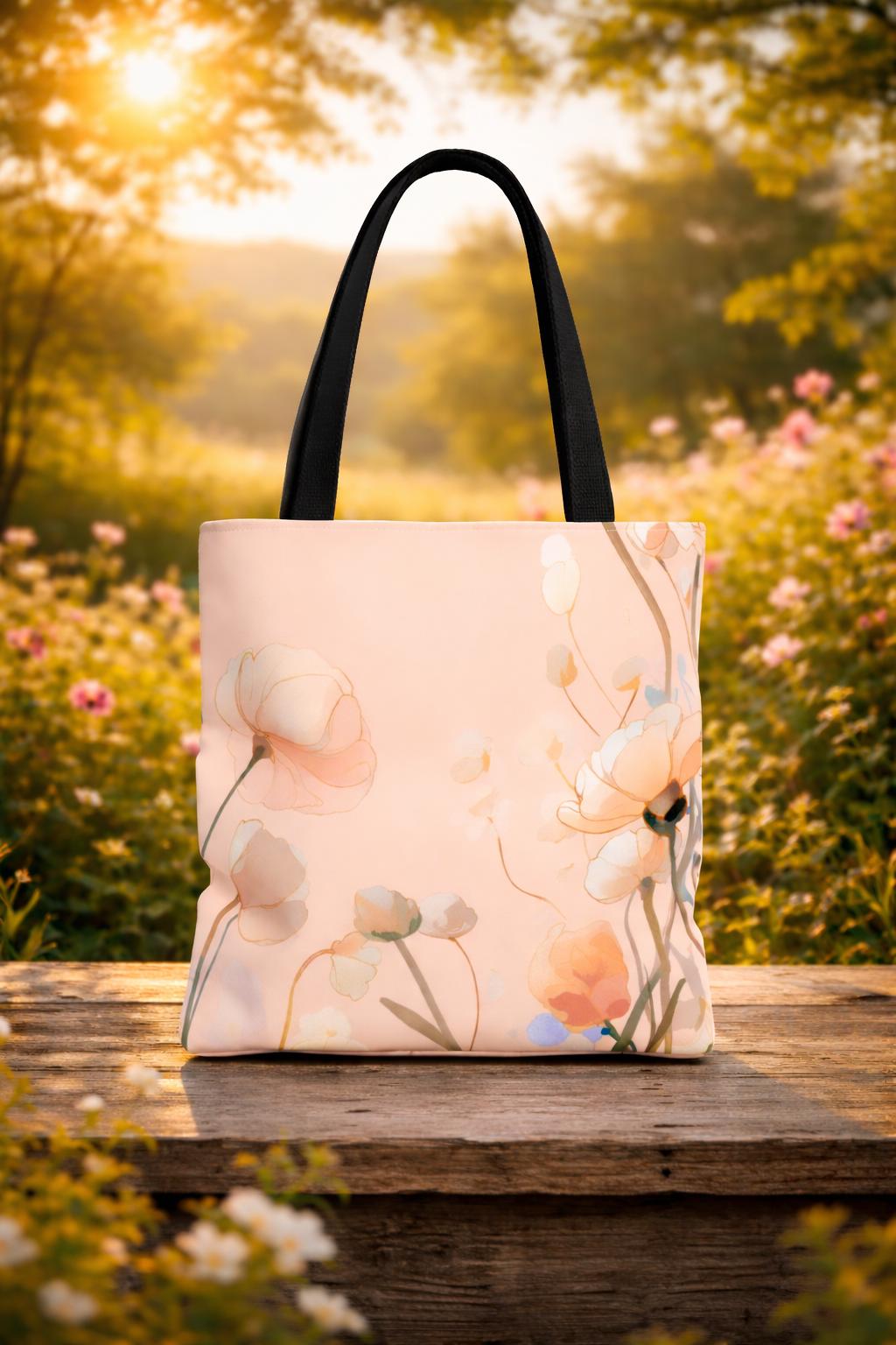 Blush Floral Illustration Tote Bag,Peach Poppy Pattern Handcrafted Summer Accessory & Gift for Garden Lovers