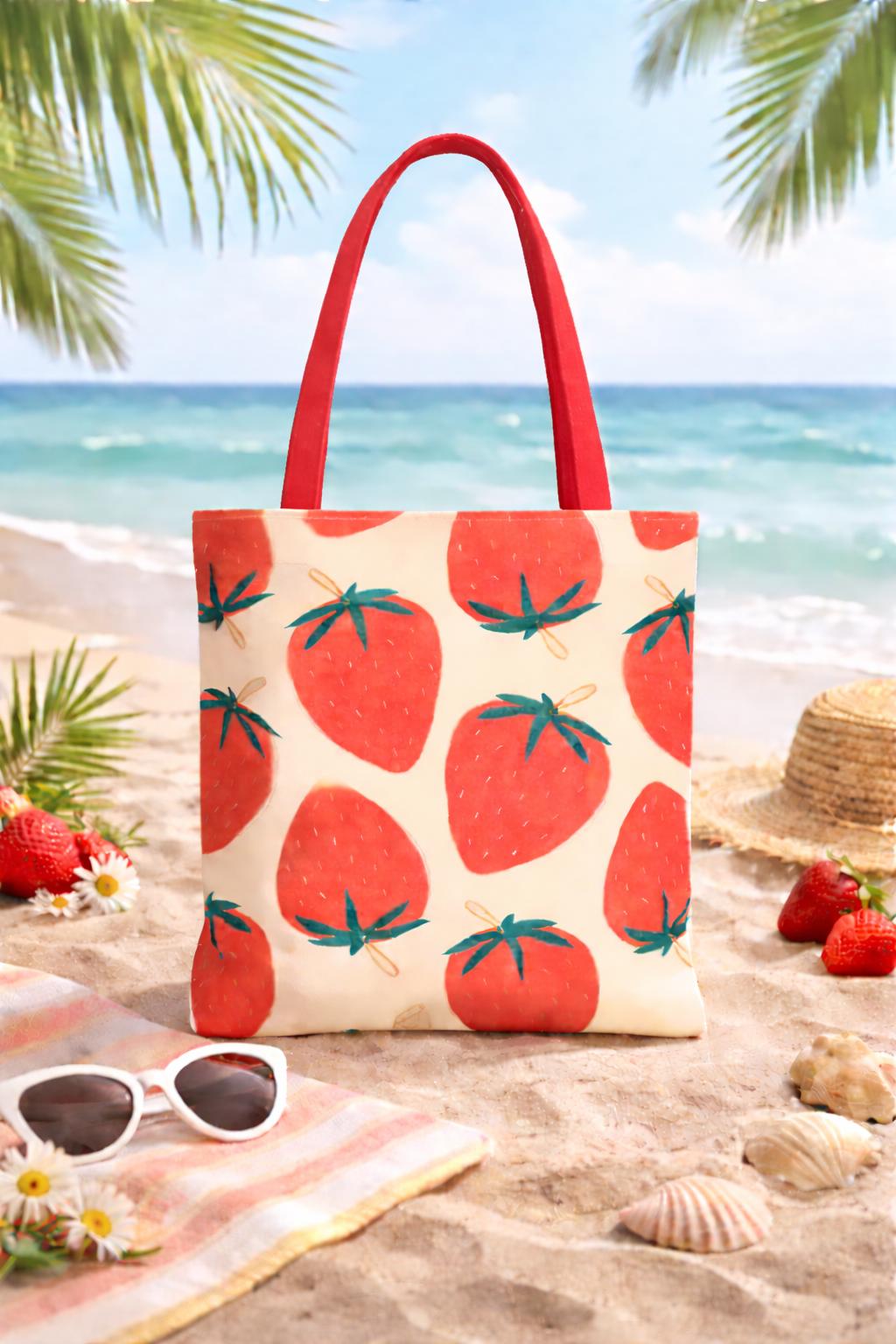 Strawberry Pattern Tote Bag, Retro Grocery Bag