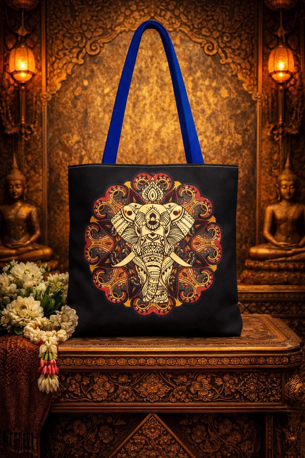 Elephant Mandala Tote Bag – Handcrafted Ornate Print for Casual Outings, Unique Gift for Nature Enthusiasts