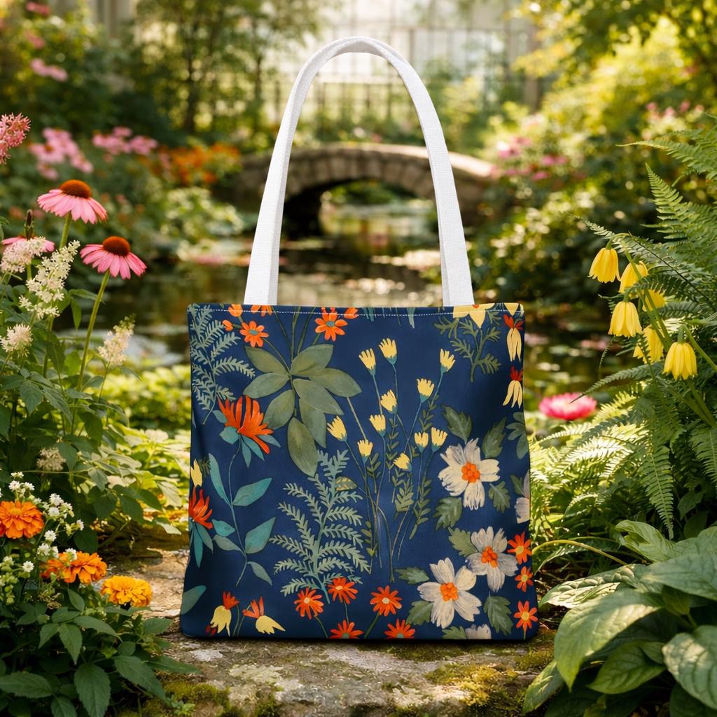 Wildflower Meadow Tote Bag | Floral Botanical Pattern, Navy Background