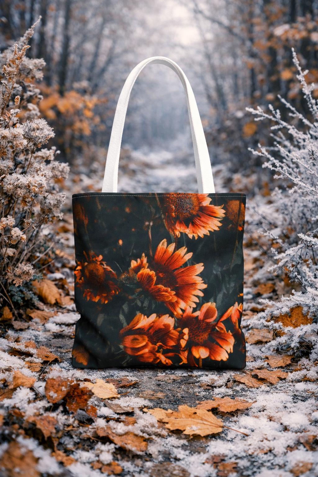 Autumn Orange Flowers Tote Bag | Floral Botanical Print, Eco-Friendly Canvas Grocery Bag, Fall Fashion Boho Tote for Shopping, Gift for Her